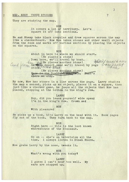 Moe Howard's Multi-Signed Script for The Three Stooges 1955 Film ''Stone Age Romeos'', With Working Title ''Caved In Cavemen'' -- With Moe's Handwritten Notations Throughout